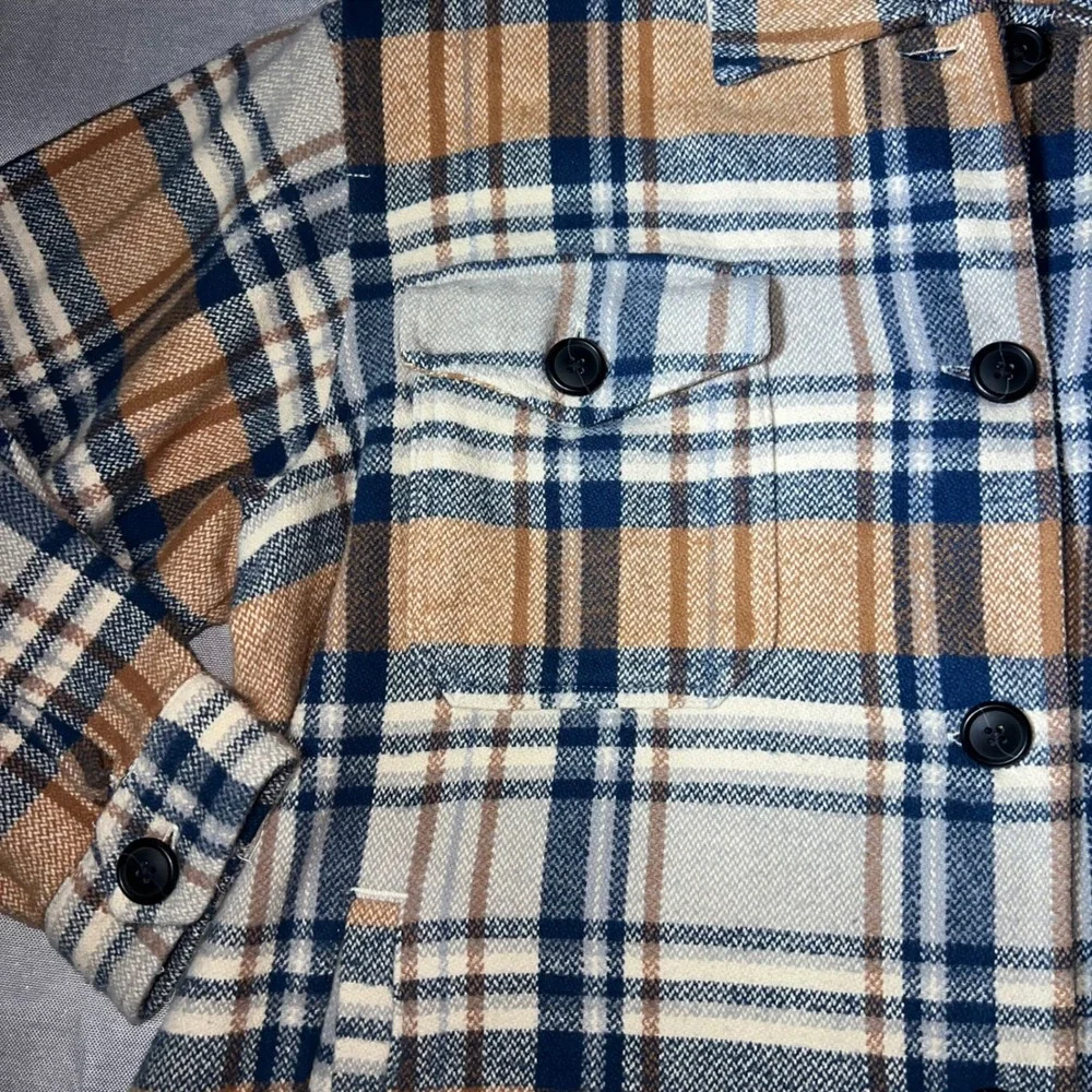 NWT Lucky Brand Plaid Shirt Jacket Shacket Tan‎ Navy Blue Mens Large 7WD3349
